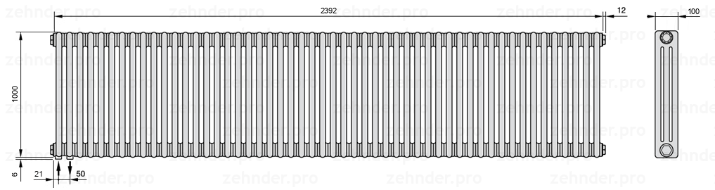 Схема (чертеж) Радиатор Zehnder Charleston 3100/52 №3370 Белый глянцевый RAL 9016